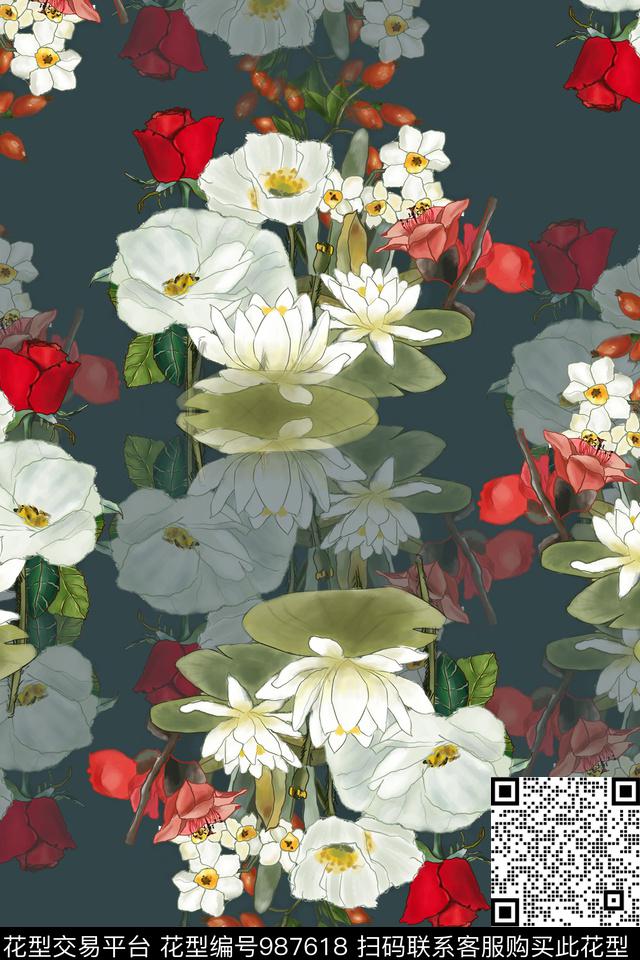 数码华亿平台素雅手绘花卉数码印花华亿平台下载（图片编号: 987618） - 瓦栏（Walan）