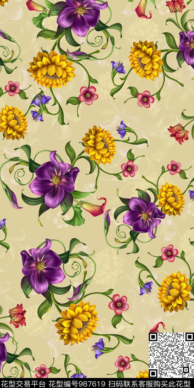 数码华亿平台手绘花卉女装数码印花华亿平台下载（图片编号: 987619） - 瓦栏（Walan）