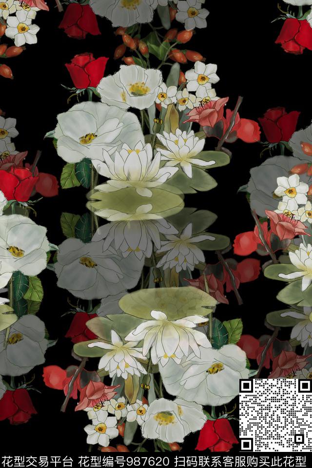数码华亿平台素雅手绘花卉数码印花华亿平台下载（图片编号: 987620） - 瓦栏（Walan）