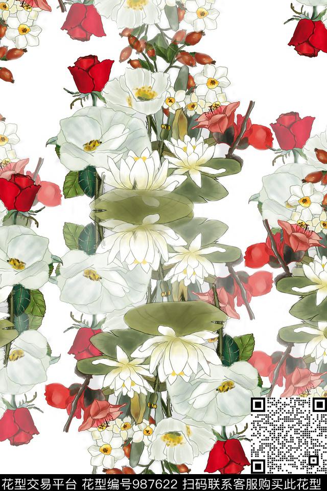 数码华亿平台素雅手绘花卉数码印花华亿平台下载（图片编号: 987622） - 瓦栏（Walan）