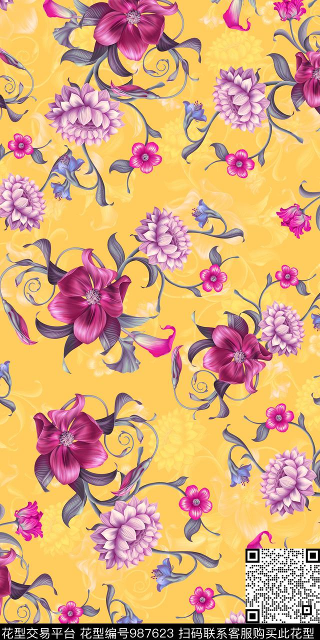 数码华亿平台手绘花卉女装数码印花华亿平台下载（图片编号: 987623） - 瓦栏（Walan）