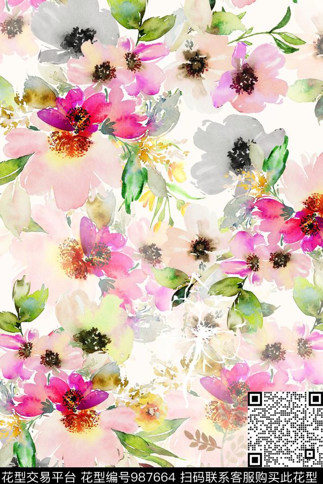 手绘花卉年轻女性清爽底花卉数码印花华亿平台下载（图片编号: 987664） - 瓦栏（Walan）