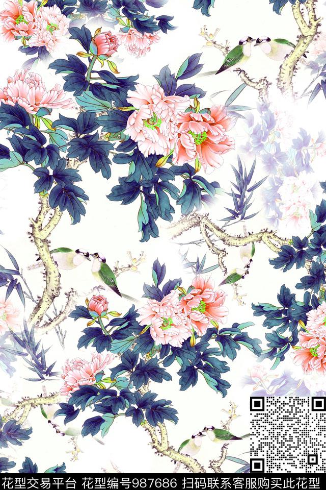 花卉女装中国风数码印花华亿平台下载（图片编号: 987686） - 瓦栏（Walan）