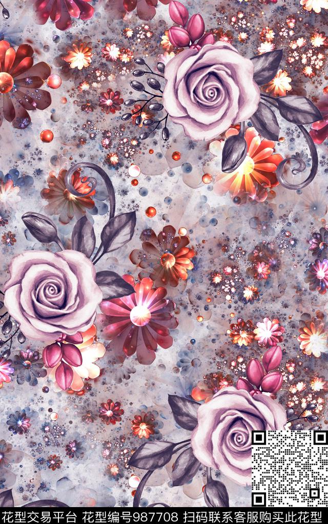 民族风抽象花卉数码印花华亿平台下载（图片编号: 987708） - 瓦栏（Walan）