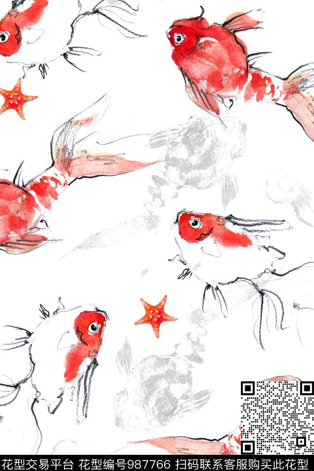家纺手绘花卉鱼数码印花华亿平台下载（图片编号: 987766） - 瓦栏（Walan）