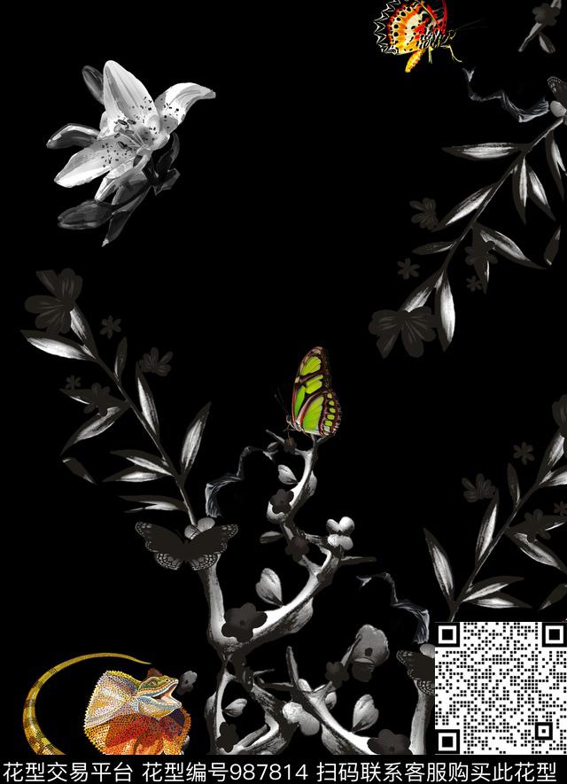 蜥蜴树枝数码印花华亿平台下载（图片编号: 987814） - 瓦栏（Walan）