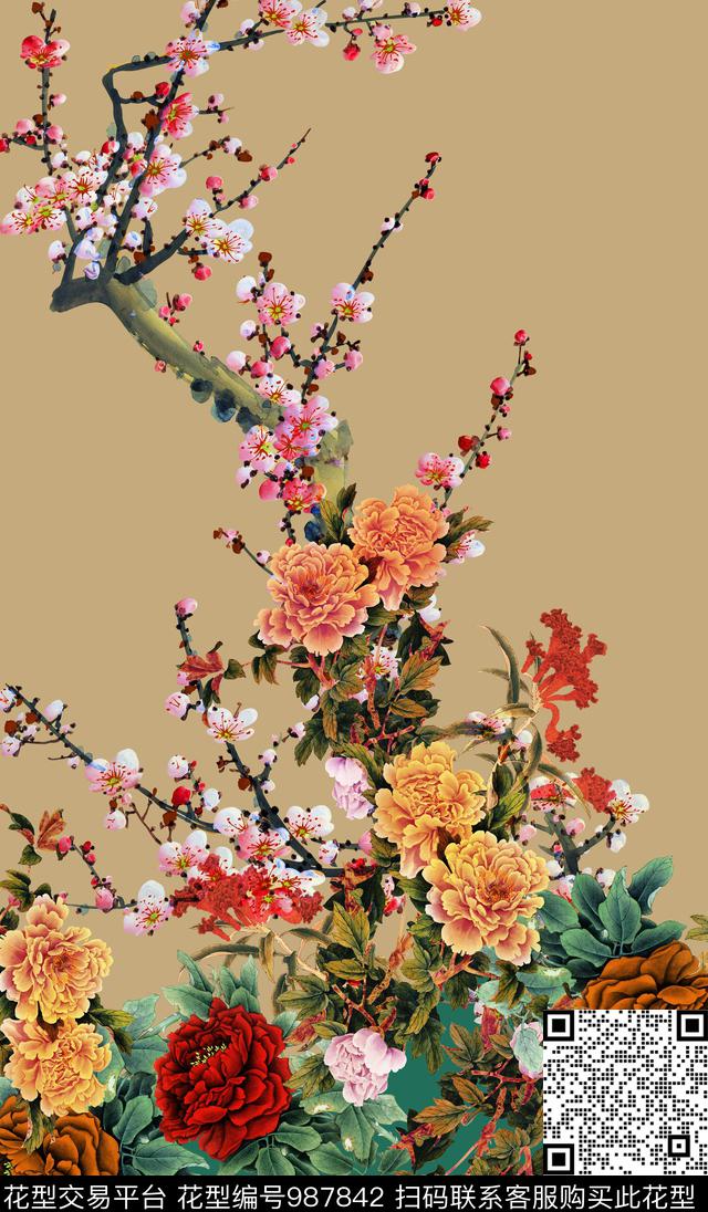中国风手绘花卉定位花数码印花华亿平台下载（图片编号: 987842） - 瓦栏（Walan）