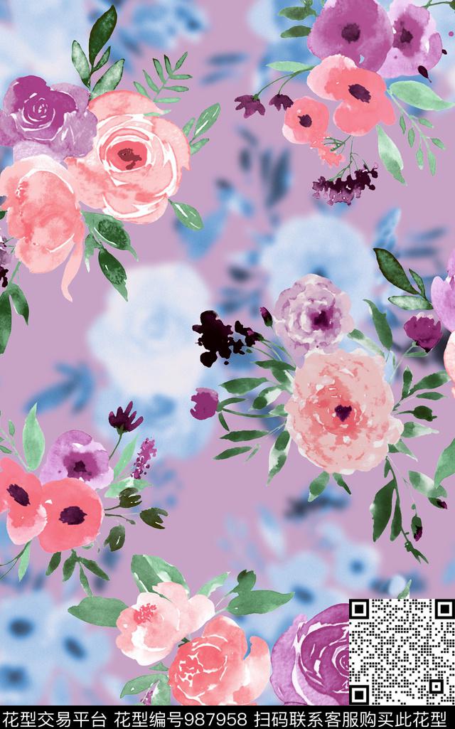 水彩花卉绿植树叶模糊处理数码印花华亿平台下载（图片编号: 987958） - 瓦栏（Walan）