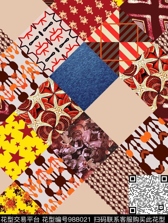 抽象几何花卉菱形格数码印花华亿平台下载（图片编号: 988021） - 瓦栏（Walan）
