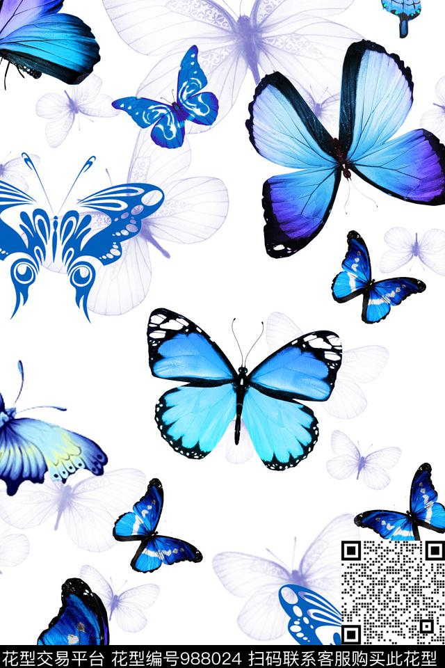 蝴蝶田园白底花数码印花华亿平台下载（图片编号: 988024） - 瓦栏（Walan）
