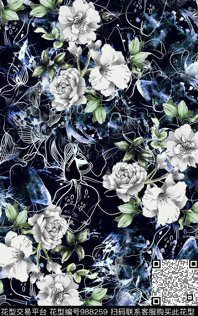 花卉复古数码印花华亿平台下载（图片编号: 988259） - 瓦栏（Walan）