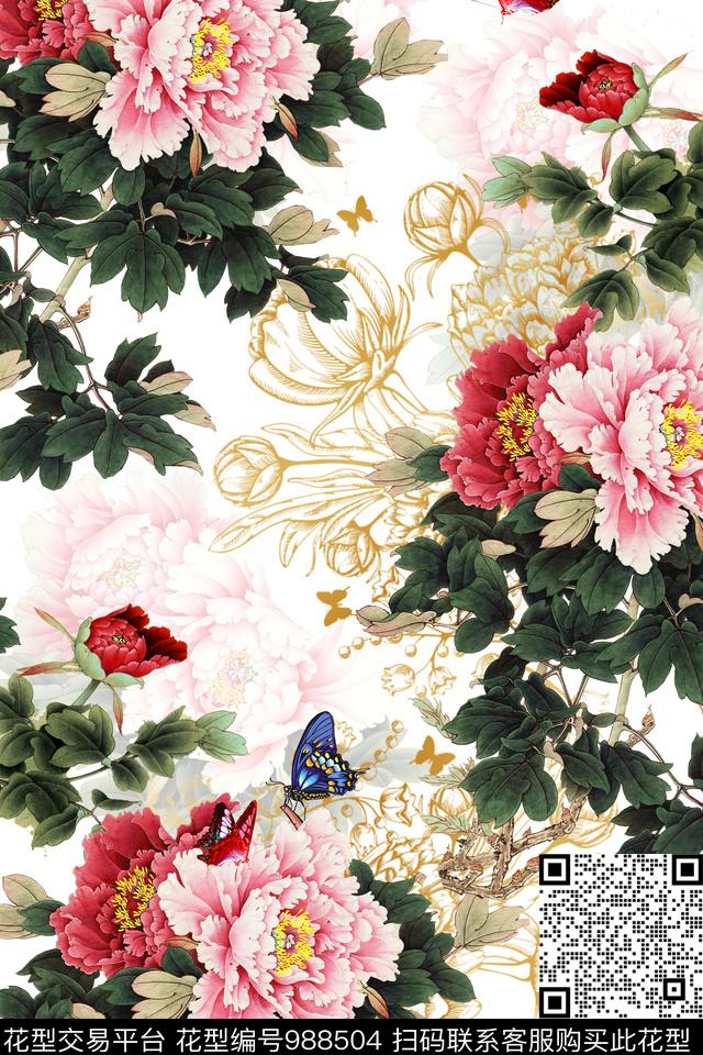 花卉牡丹蝴蝶数码印花华亿平台下载（图片编号: 988504） - 瓦栏（Walan）