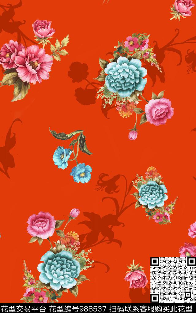 雕印华亿平台彩底花卉手绘花卉数码印花华亿平台下载（图片编号: 988537） - 瓦栏（Walan）