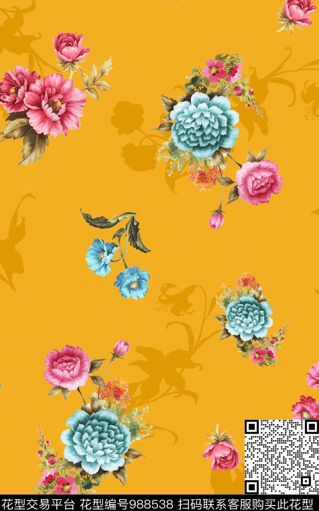 雕印华亿平台彩底花卉手绘花卉数码印花华亿平台下载（图片编号: 988538） - 瓦栏（Walan）