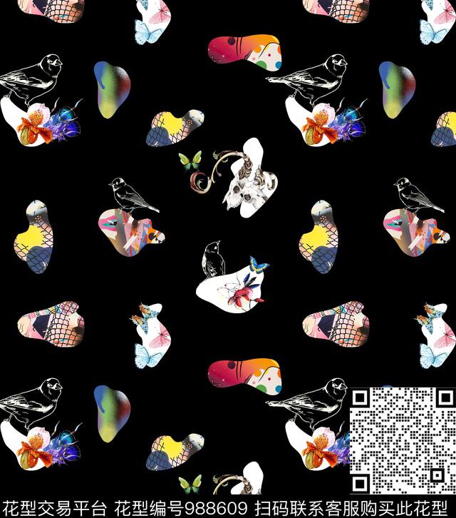 黑底花卉数码华亿平台趣味数码印花华亿平台下载（图片编号: 988609） - 瓦栏（Walan）