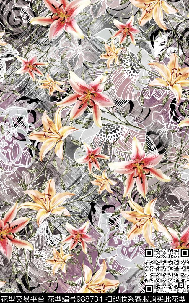 民族风抽象花卉数码印花华亿平台下载（图片编号: 988734） - 瓦栏（Walan）