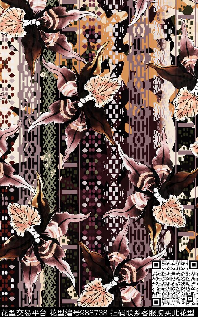 民族风抽象花卉数码印花华亿平台下载（图片编号: 988738） - 瓦栏（Walan）