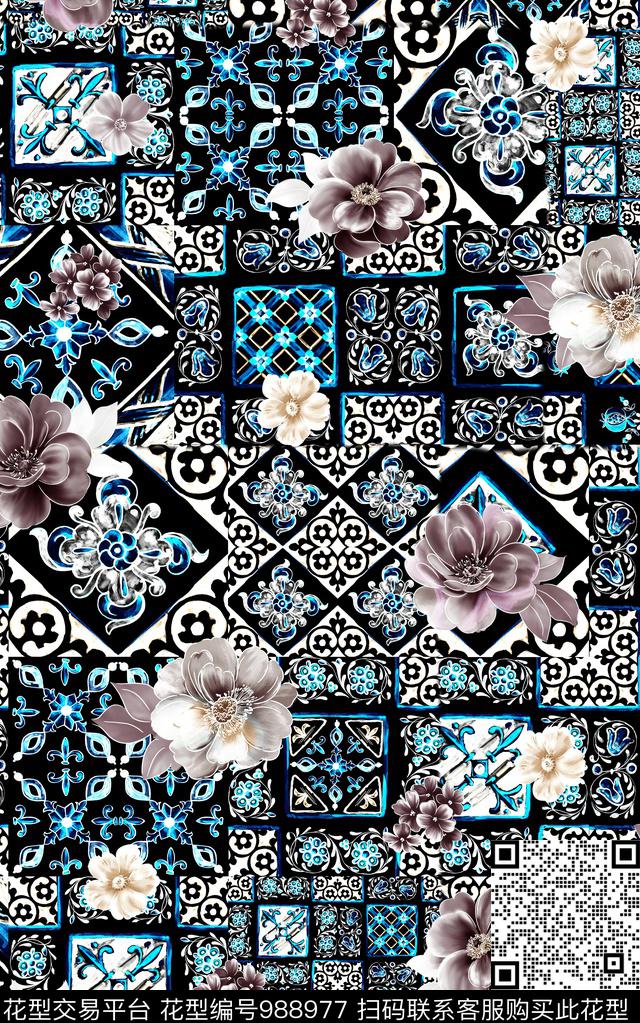 民族风抽象花卉数码印花华亿平台下载（图片编号: 988977） - 瓦栏（Walan）