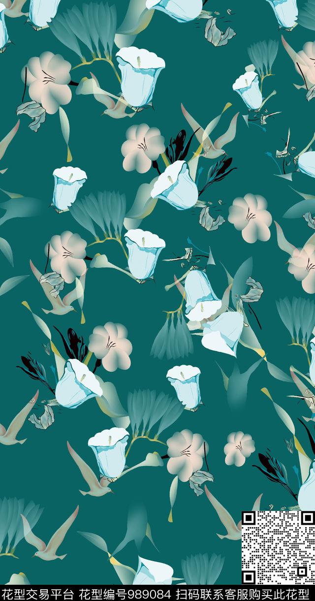 小碎花牵牛花渐变数码印花华亿平台下载（图片编号: 989084） - 瓦栏（Walan）