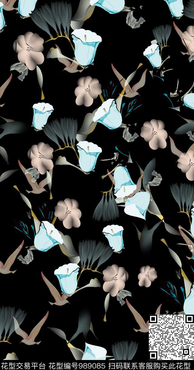 小碎花牵牛花渐变数码印花华亿平台下载（图片编号: 989085） - 瓦栏（Walan）