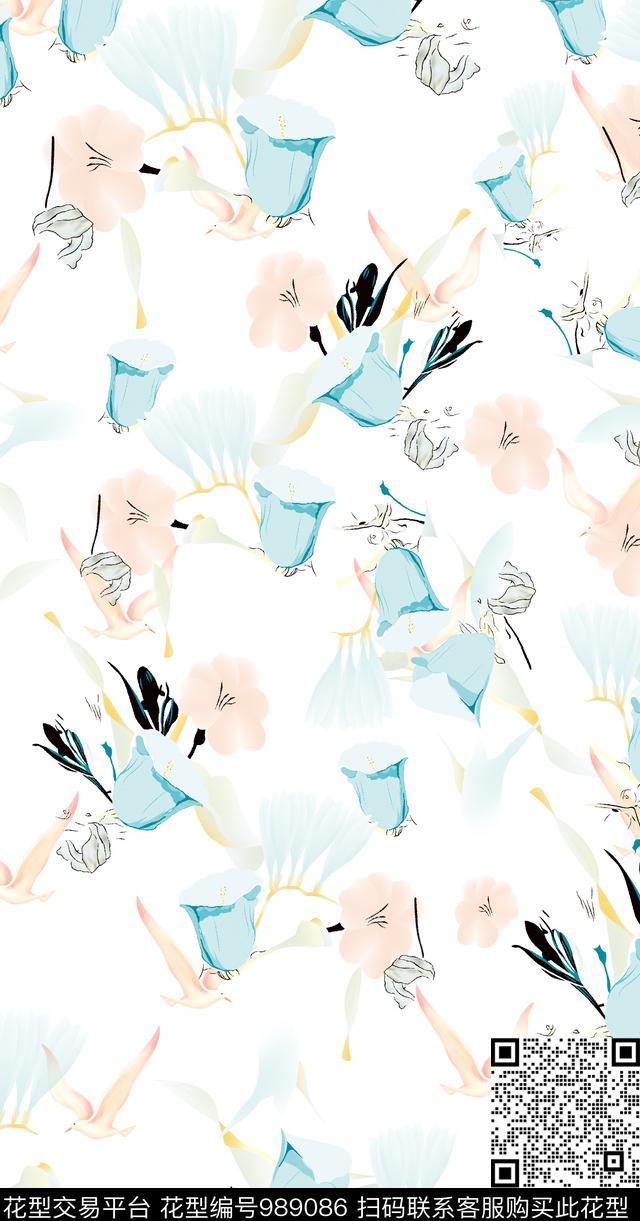 小碎花牵牛花渐变数码印花华亿平台下载（图片编号: 989086） - 瓦栏（Walan）