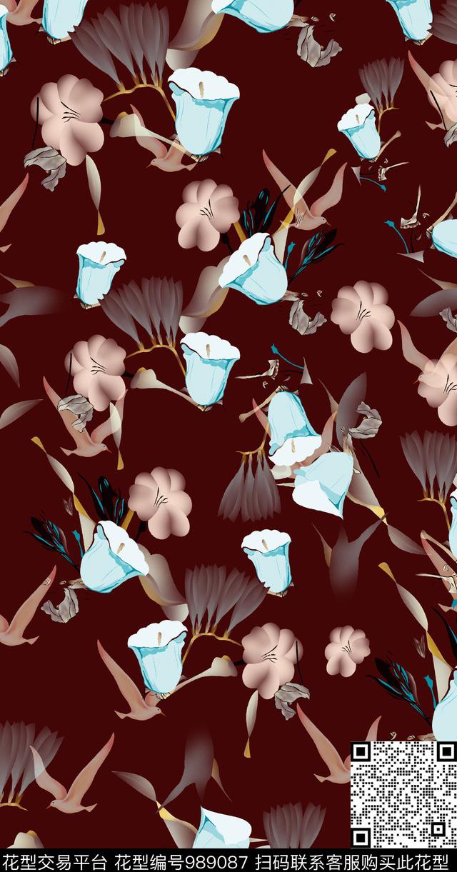 小碎花牵牛花渐变数码印花华亿平台下载（图片编号: 989087） - 瓦栏（Walan）