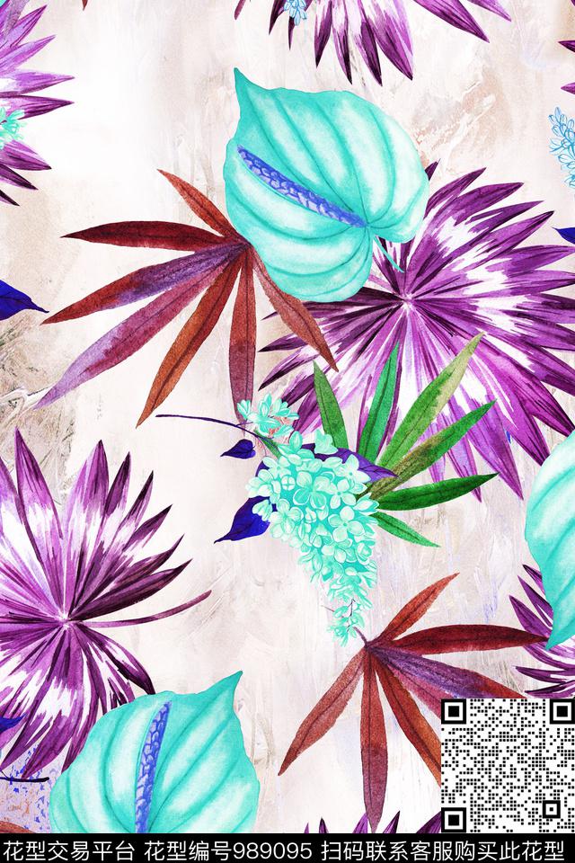 数码华亿平台手绘花卉花卉数码印花华亿平台下载（图片编号: 989095） - 瓦栏（Walan）