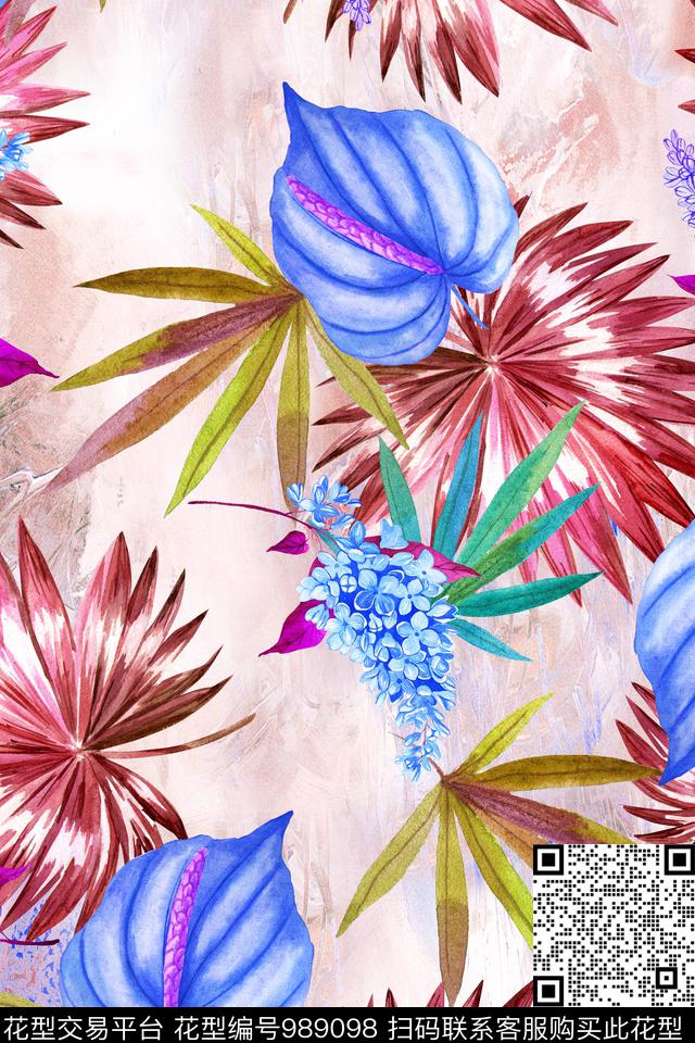 数码华亿平台手绘花卉花卉数码印花华亿平台下载（图片编号: 989098） - 瓦栏（Walan）