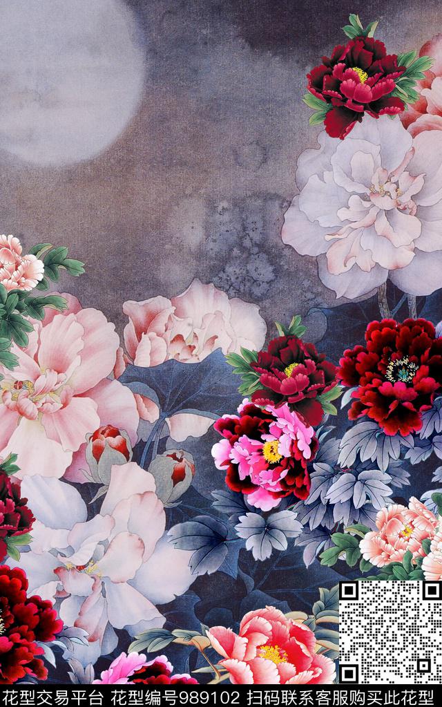 牡丹中国风定位花中国风数码印花华亿平台下载（图片编号: 989102） - 瓦栏（Walan）