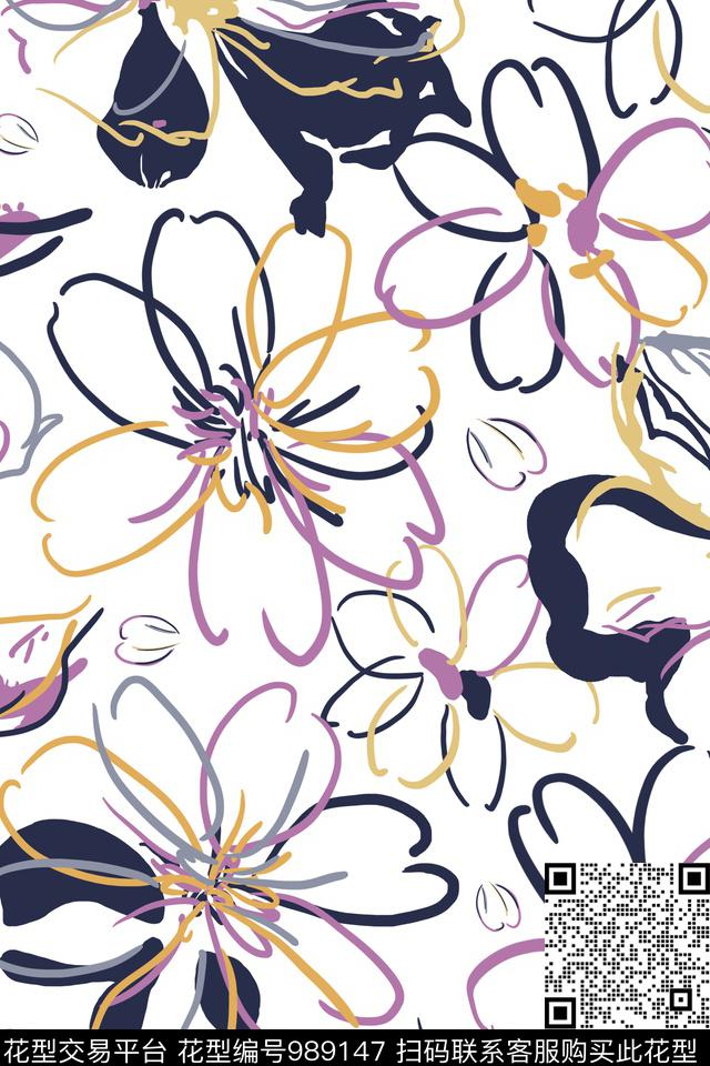 小碎花线条花卉抽象数码印花华亿平台下载（图片编号: 989147） - 瓦栏（Walan）