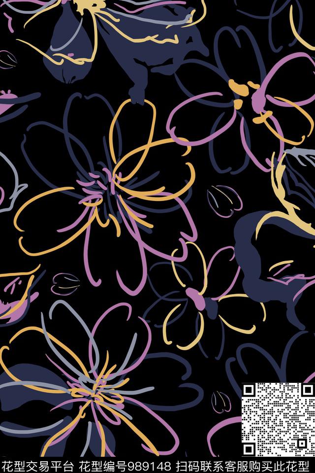 小碎花线条花卉抽象数码印花华亿平台下载（图片编号: 989148） - 瓦栏（Walan）
