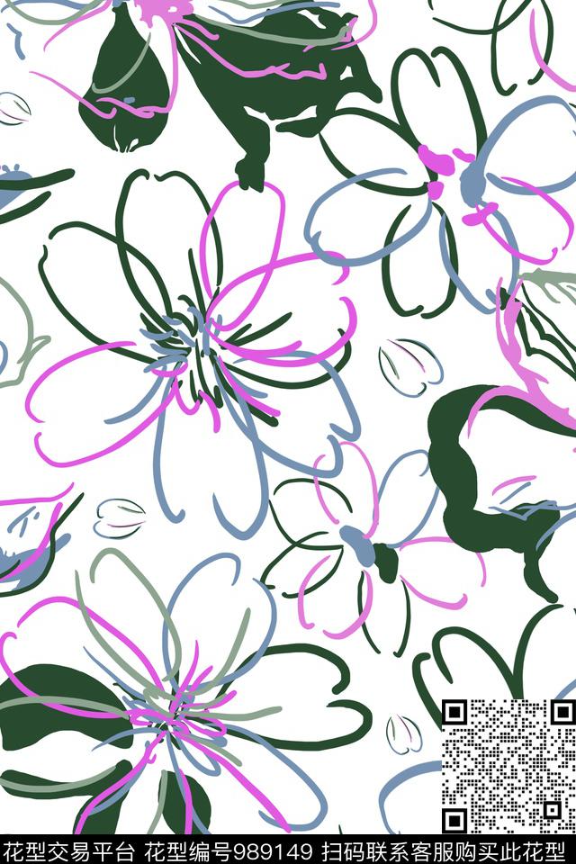 小碎花线条花卉抽象数码印花华亿平台下载（图片编号: 989149） - 瓦栏（Walan）