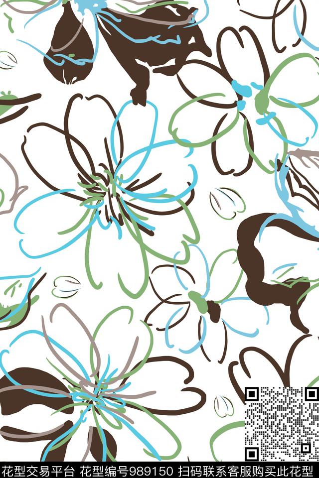 小碎花线条花卉抽象数码印花华亿平台下载（图片编号: 989150） - 瓦栏（Walan）