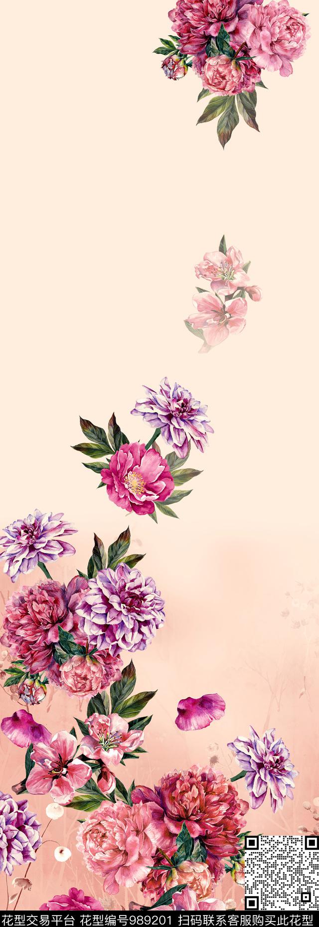 手绘花卉浪漫花卉定位花数码印花华亿平台下载（图片编号: 989201） - 瓦栏（Walan）