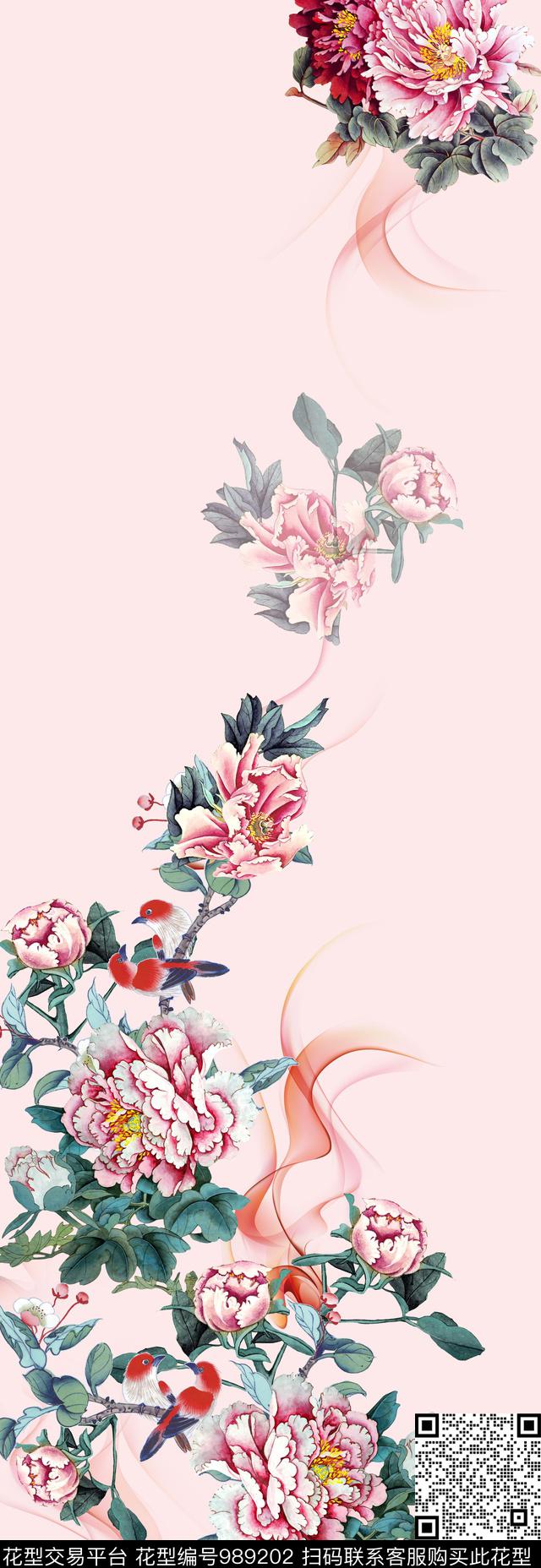 牡丹中国风小清新花卉数码印花华亿平台下载（图片编号: 989202） - 瓦栏（Walan）