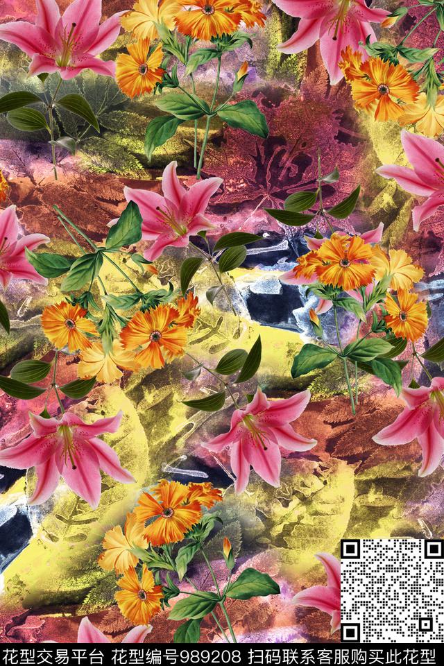 小碎花菊花绿植树叶数码印花华亿平台下载（图片编号: 989208） - 瓦栏（Walan）