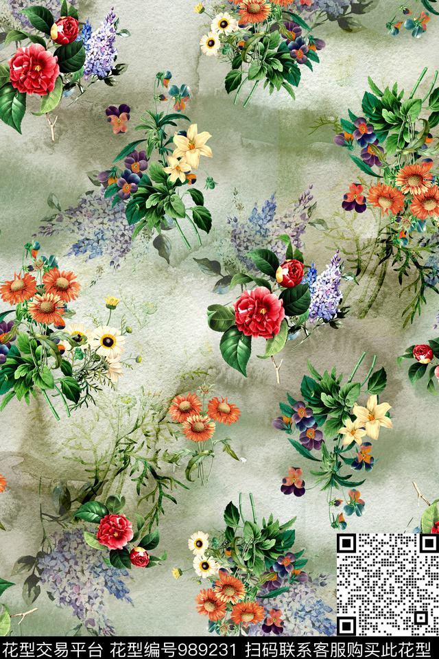 水彩花卉手绘花卉牡丹数码印花华亿平台下载（图片编号: 989231） - 瓦栏（Walan）