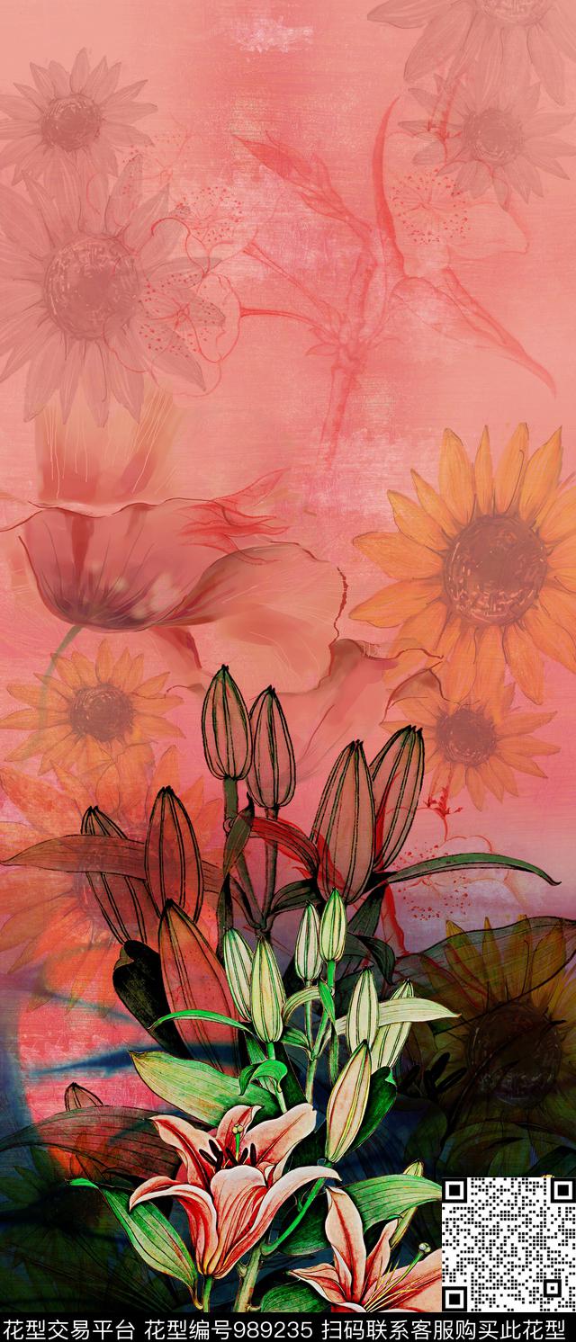 向日葵手绘花卉定位花数码印花华亿平台下载（图片编号: 989235） - 瓦栏（Walan）