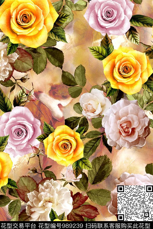 手绘花卉玫瑰花满版散花数码印花华亿平台下载（图片编号: 989239） - 瓦栏（Walan）