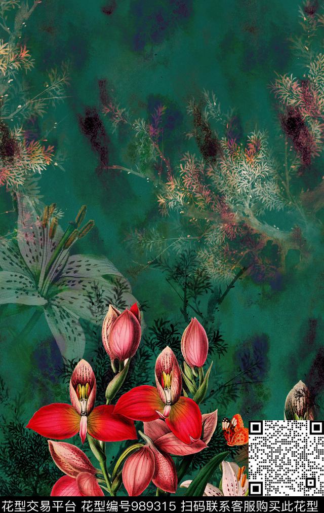花卉香云纱定位花数码印花华亿平台下载（图片编号: 989315） - 瓦栏（Walan）