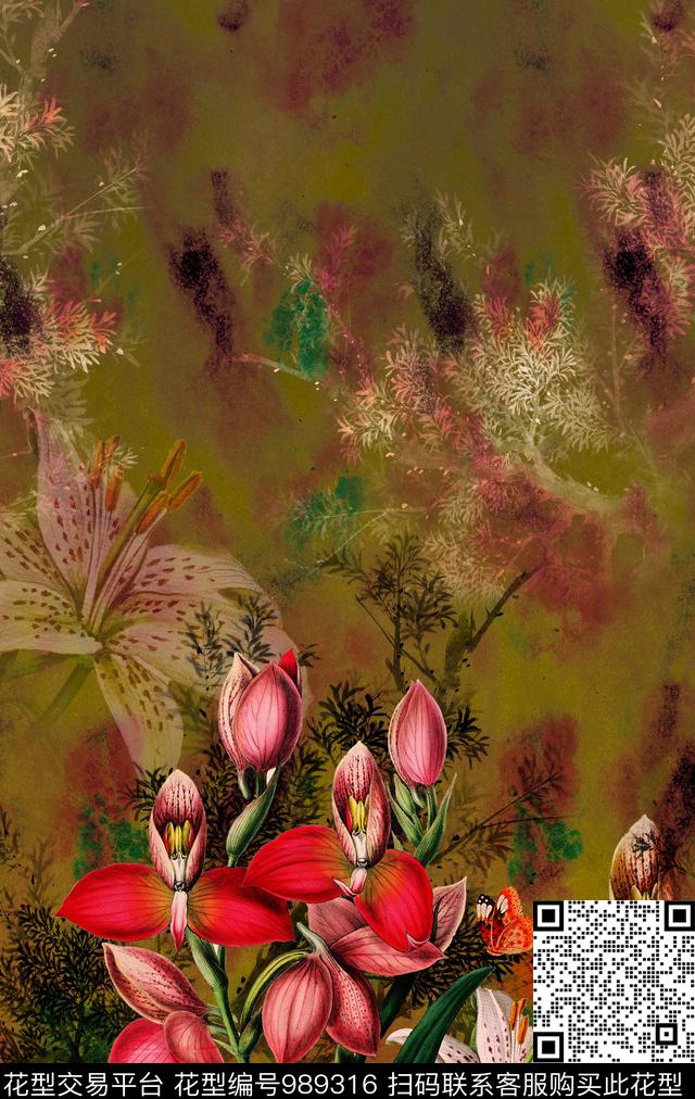 花卉香云纱定位花数码印花华亿平台下载（图片编号: 989316） - 瓦栏（Walan）