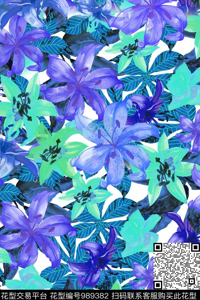 彩底花卉百合热带华亿平台数码印花华亿平台下载（图片编号: 989382） - 瓦栏（Walan）