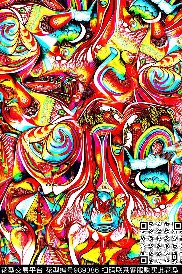 民族风趣味抽象数码印花华亿平台下载（图片编号: 989386） - 瓦栏（Walan）