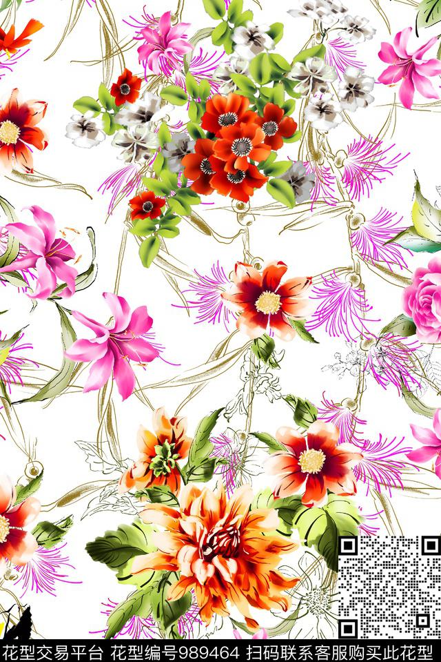 水彩花卉手绘花卉百合数码印花华亿平台下载（图片编号: 989464） - 瓦栏（Walan）