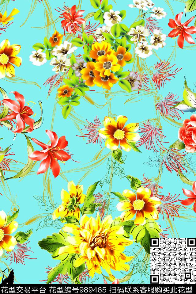 水彩花卉手绘花卉百合数码印花华亿平台下载（图片编号: 989465） - 瓦栏（Walan）