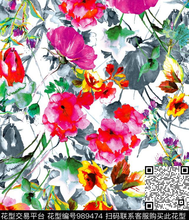 水彩花卉手绘花卉灰色调数码印花华亿平台下载（图片编号: 989474） - 瓦栏（Walan）