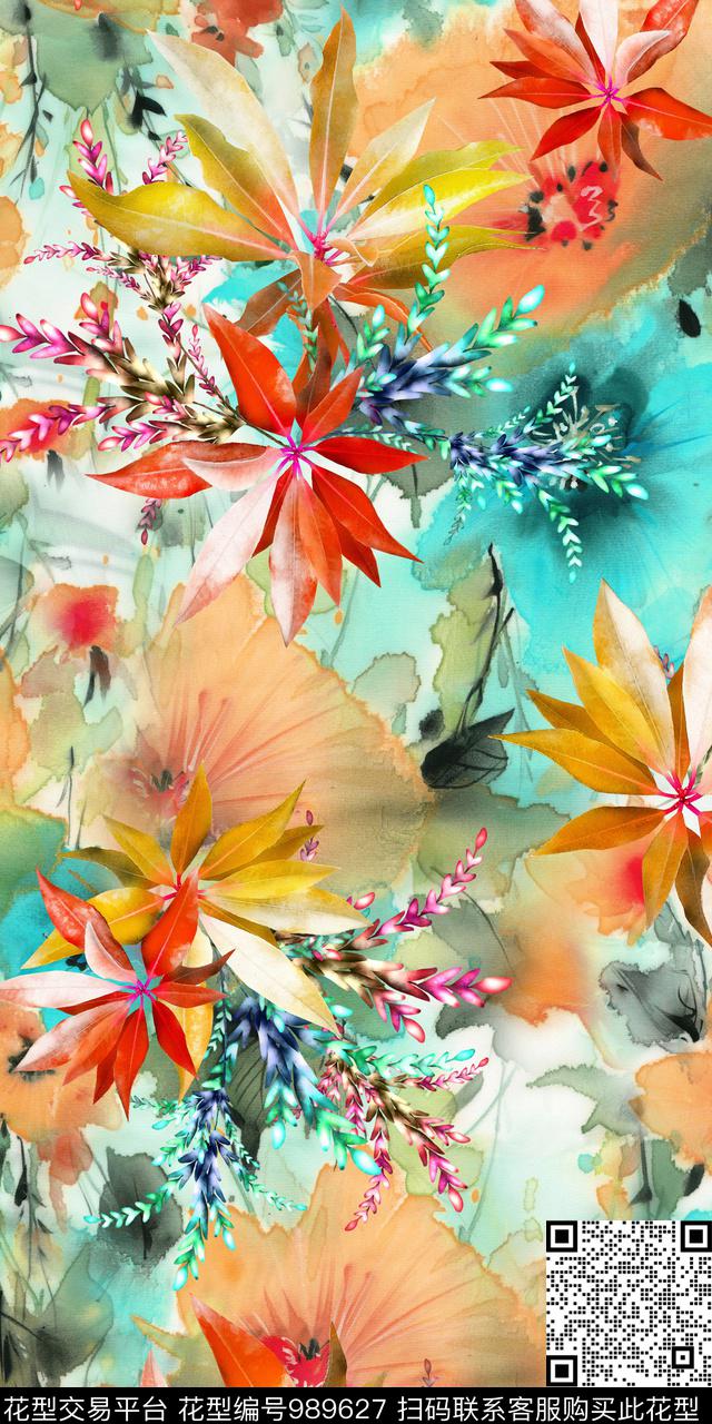 春夏华亿平台手绘花卉满版散花数码印花华亿平台下载（图片编号: 989627） - 瓦栏（Walan）