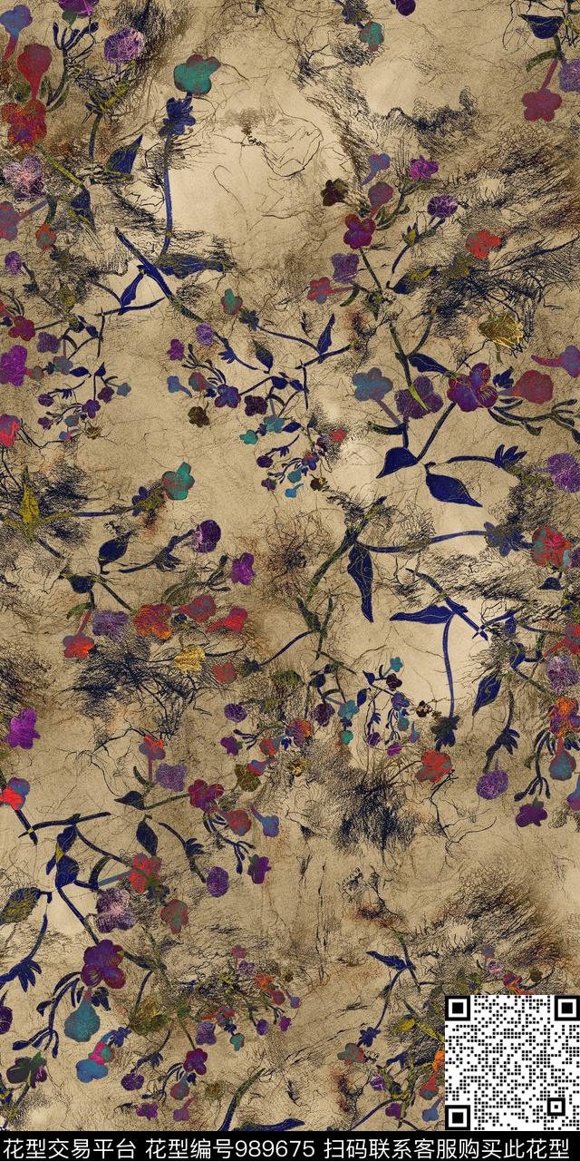 手绘花卉棉麻复古数码印花华亿平台下载（图片编号: 989675） - 瓦栏（Walan）