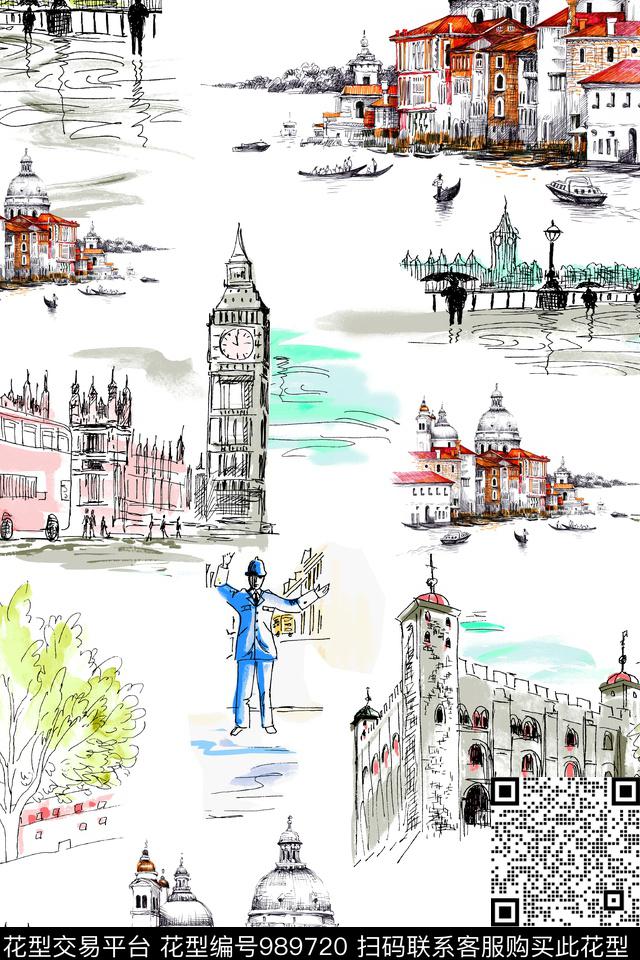 建筑水彩花卉树林数码印花华亿平台下载（图片编号: 989720） - 瓦栏（Walan）