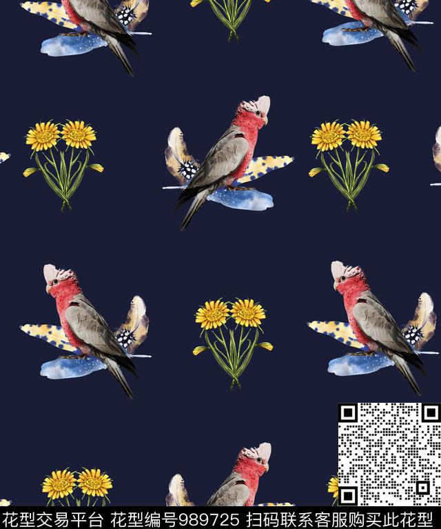 羽毛鹦鹉水彩花卉数码印花华亿平台下载（图片编号: 989725） - 瓦栏（Walan）